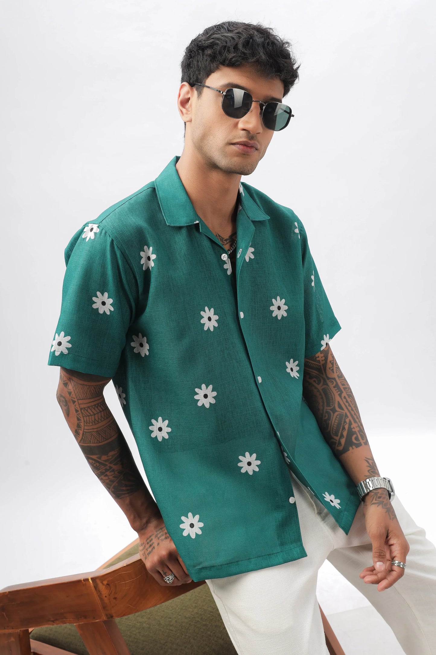 Green flower printed linen shirt
