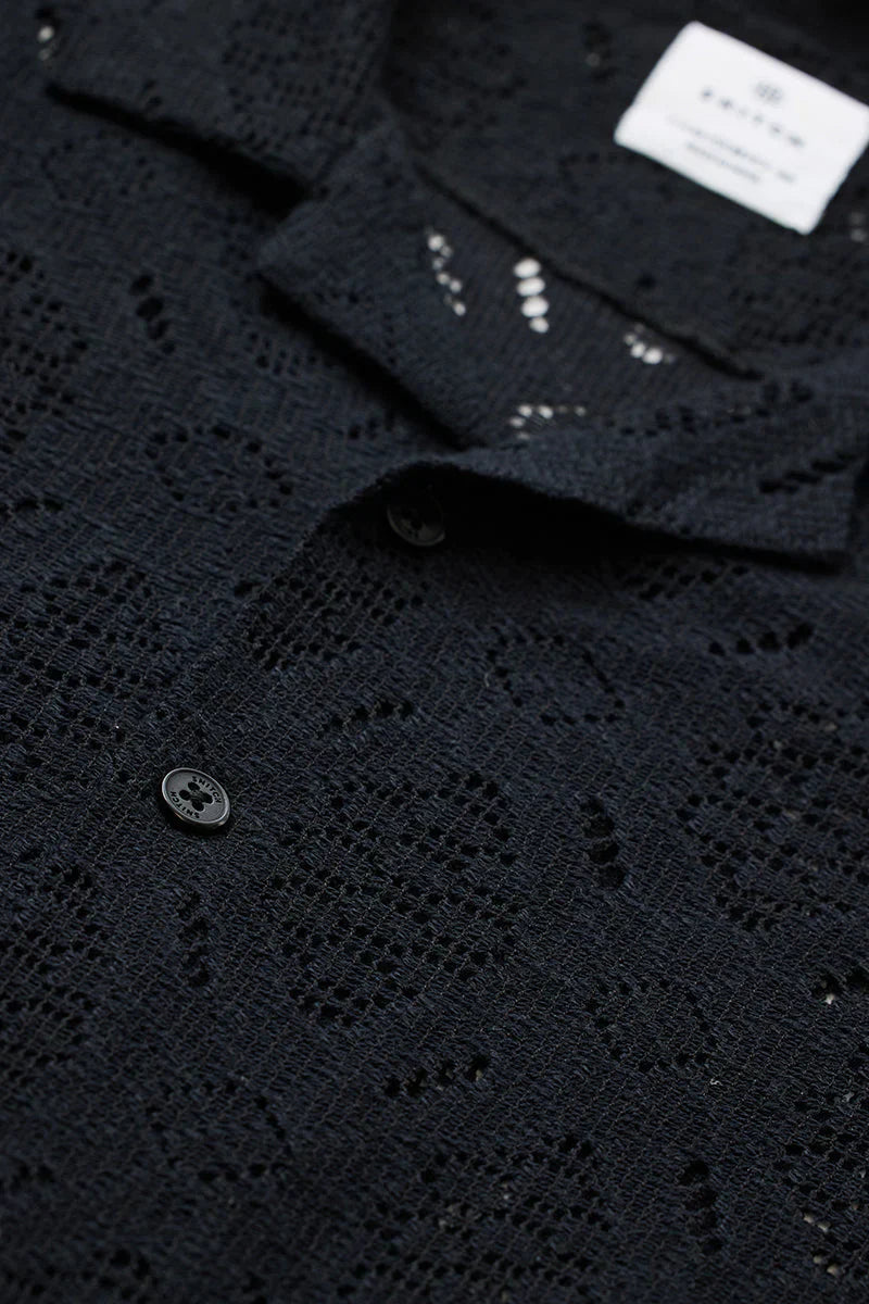 Black Self-Design Box Fit Crochet Shirt