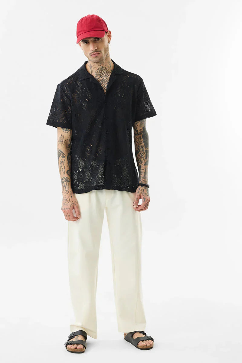 Black Self-Design Box Fit Crochet Shirt