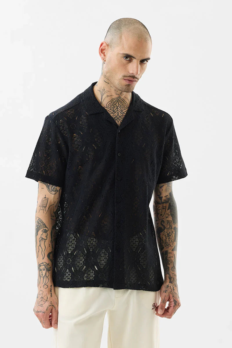 Black Self-Design Box Fit Crochet Shirt