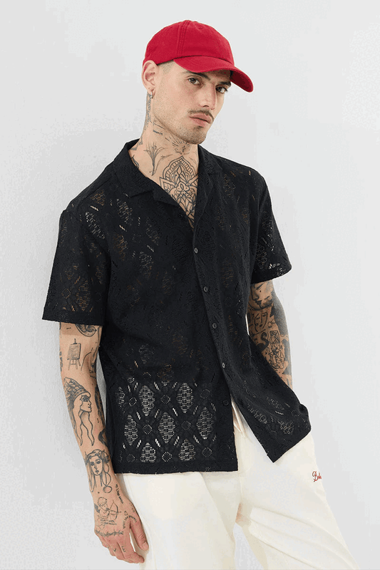 Black Self-Design Box Fit Crochet Shirt