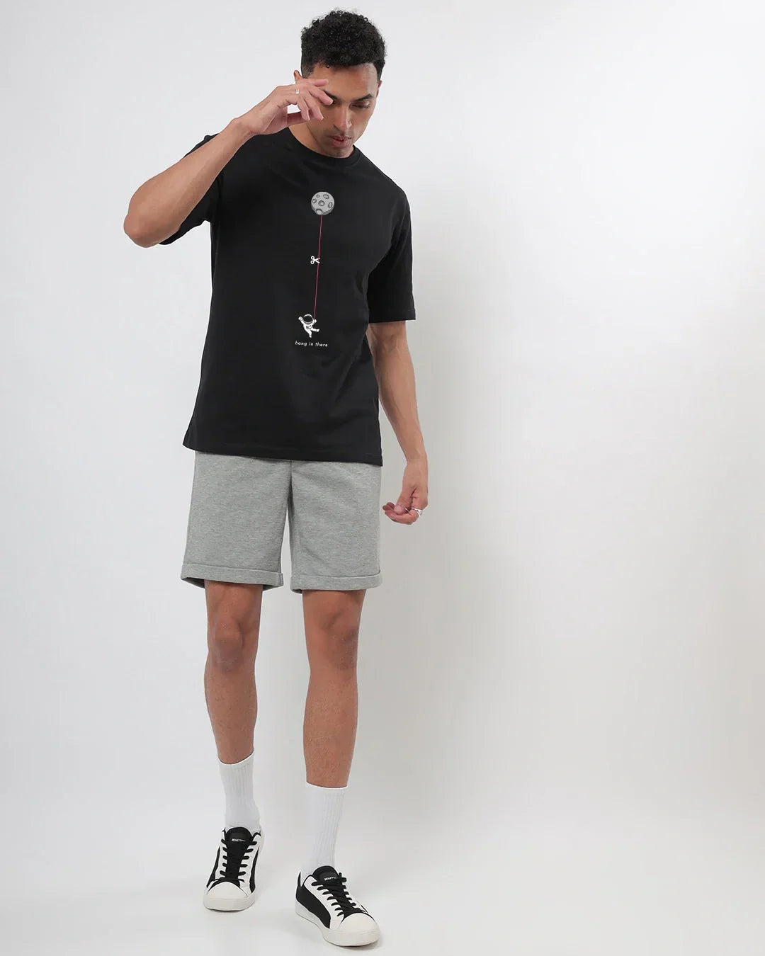 Men's Black Hangin Astronaut Graphic Printed Oversized T-shirt