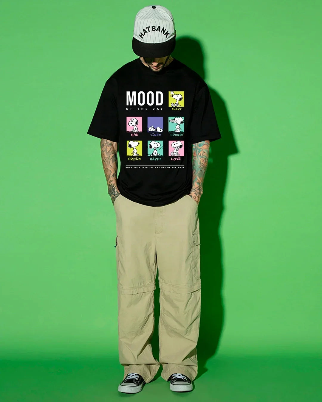 Men's Black Snoopy Mood Graphic Printed Oversized T-shirt