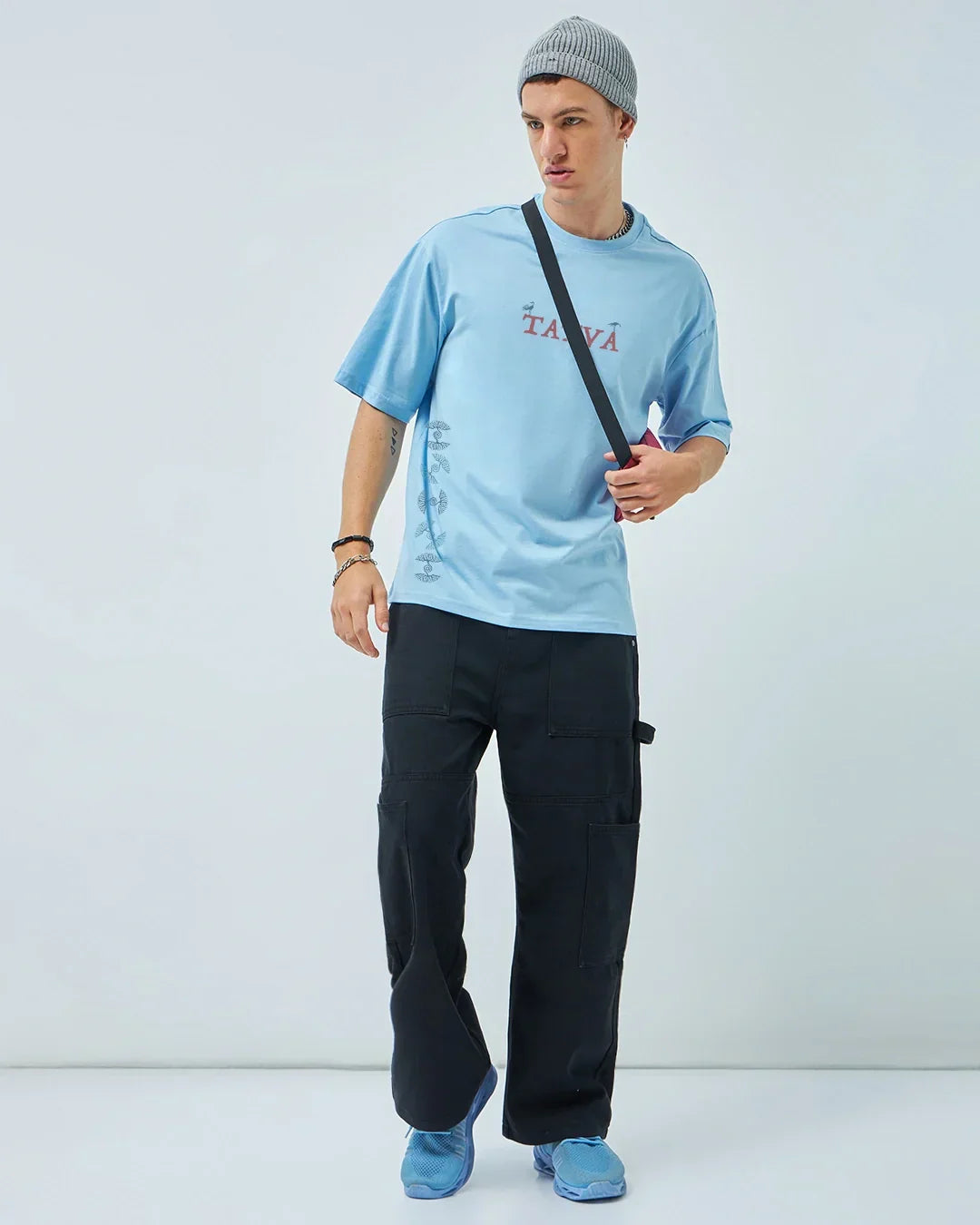 Men's Chambray Blue Tatva Doodles Graphic Printed Oversized T-shirt